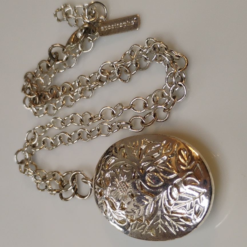 Apostrophe Silver Tone Botanical Print Pendant Photo Necklace